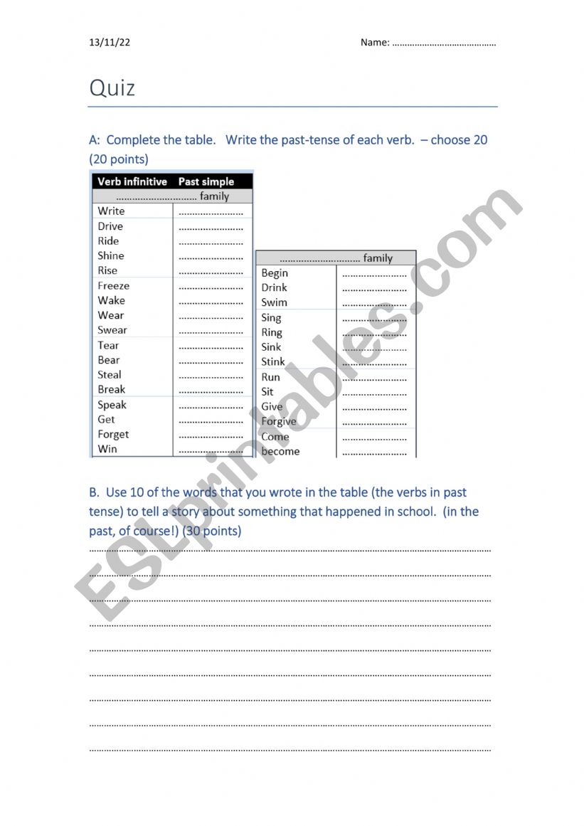 irregular verbs - past tense review of word families:  