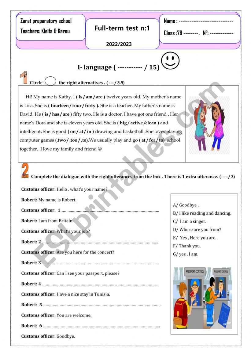 7th form test 1 worksheet