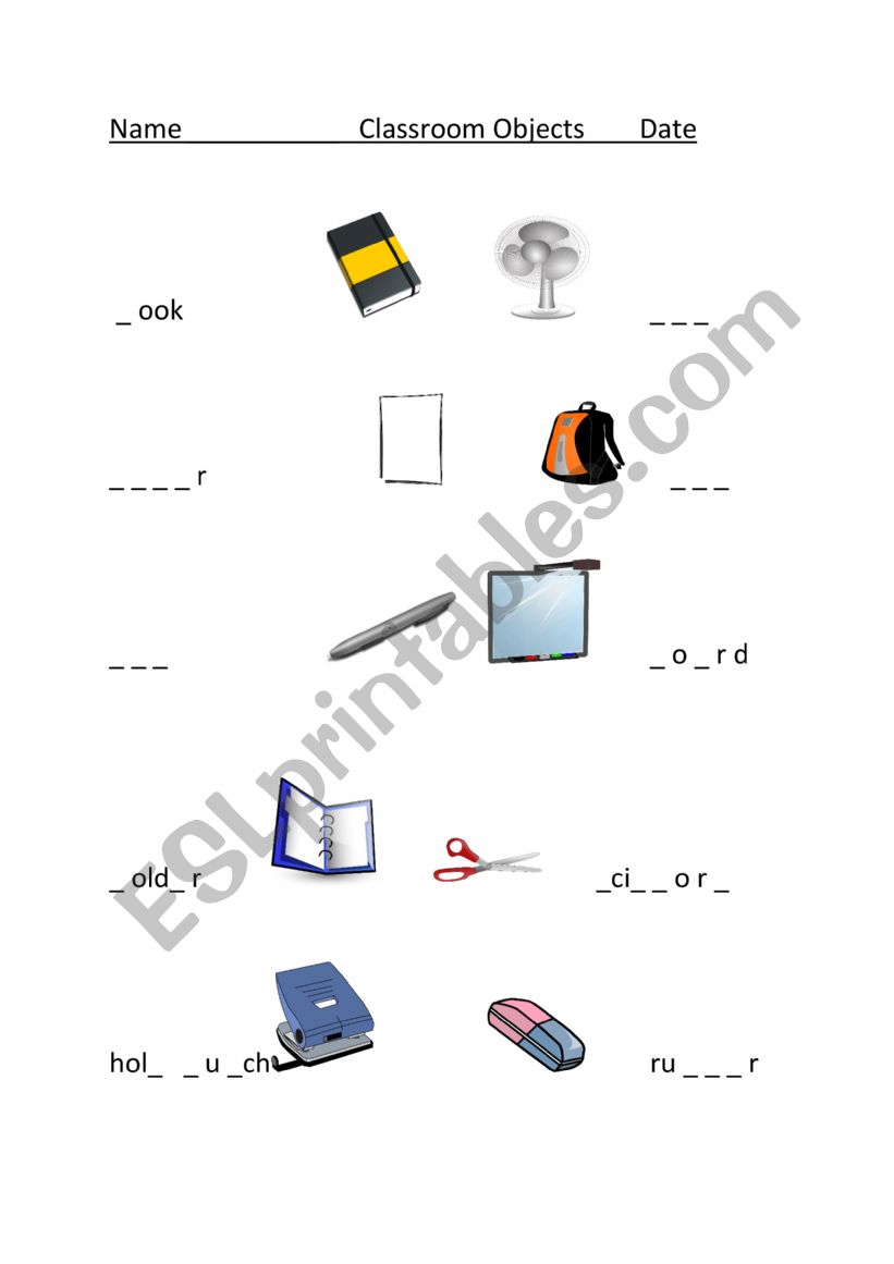 Classroom objects gapfill worksheet