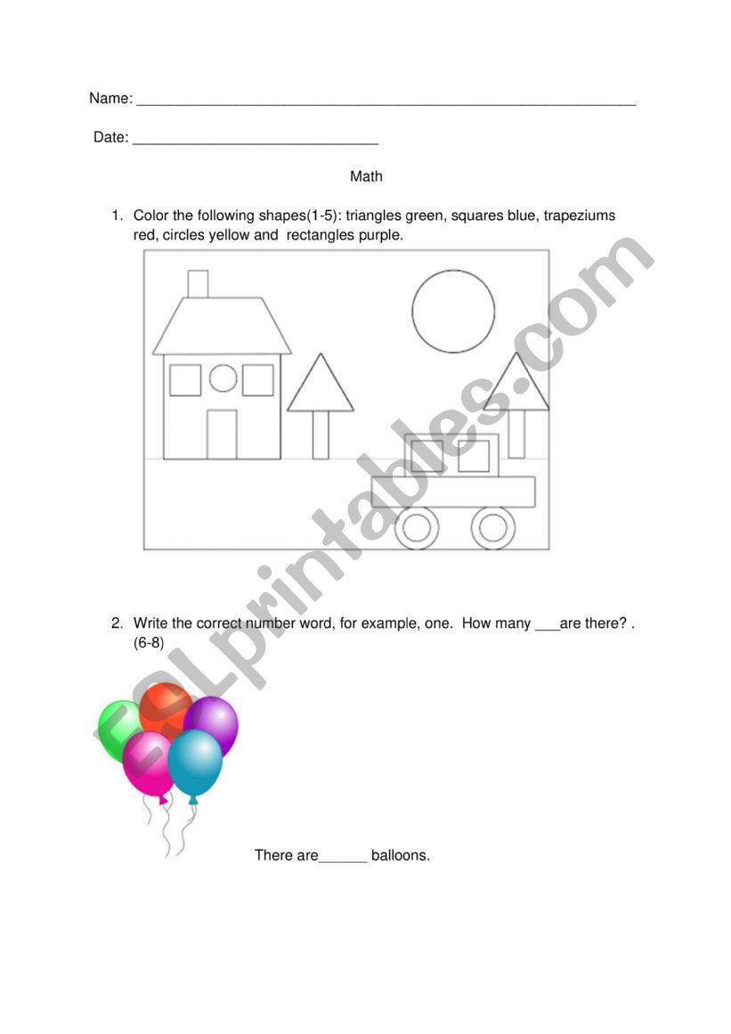 Math Numbers and  Shapes  worksheet