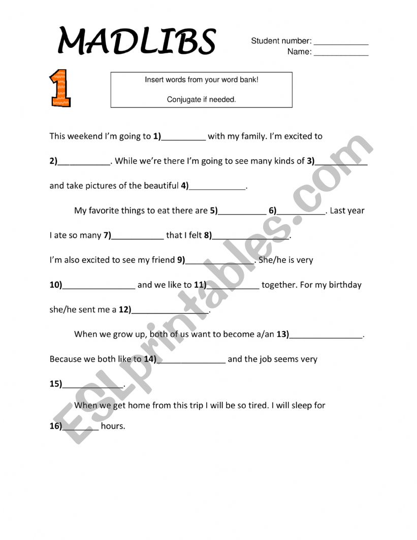 MadLibs worksheet: elementary - intermediate