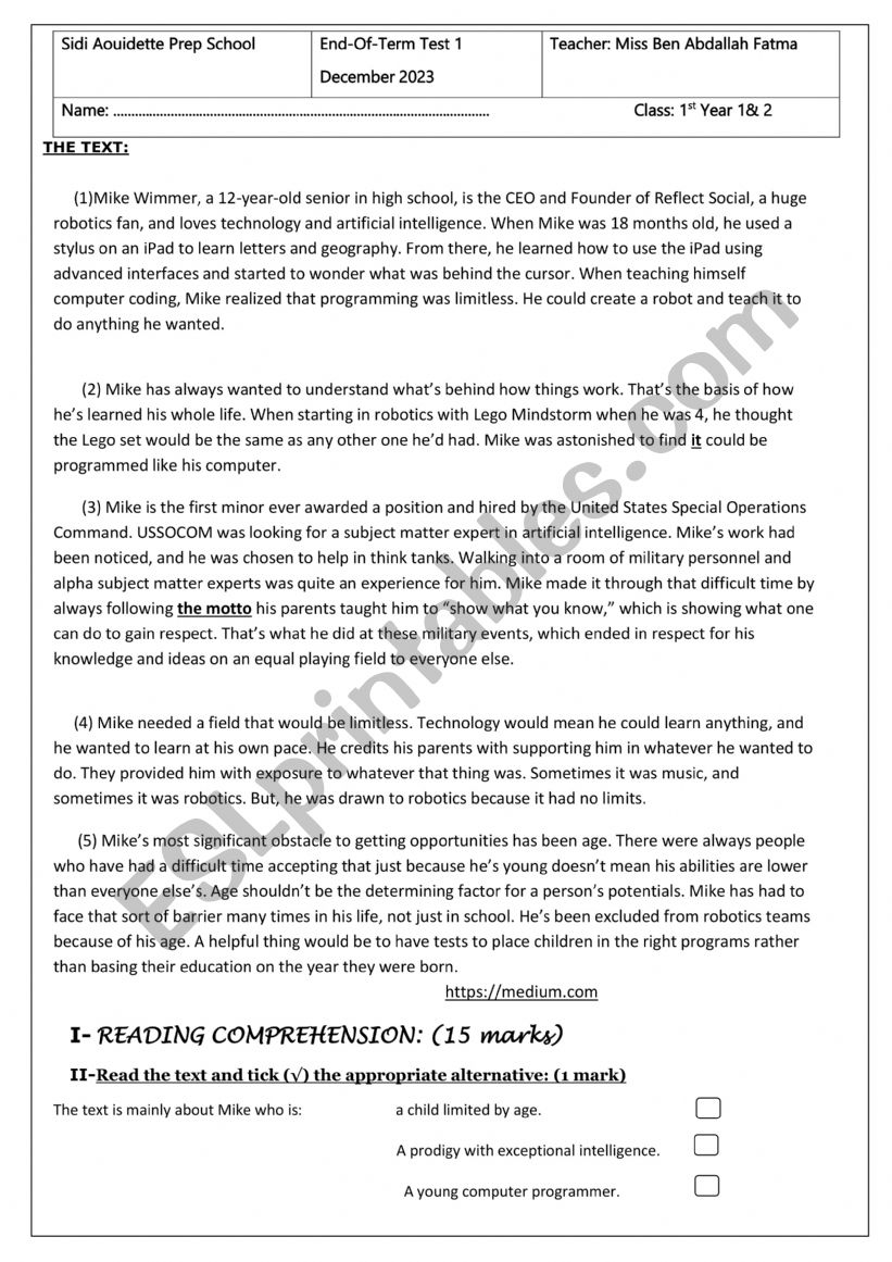 end of term 1 exam worksheet