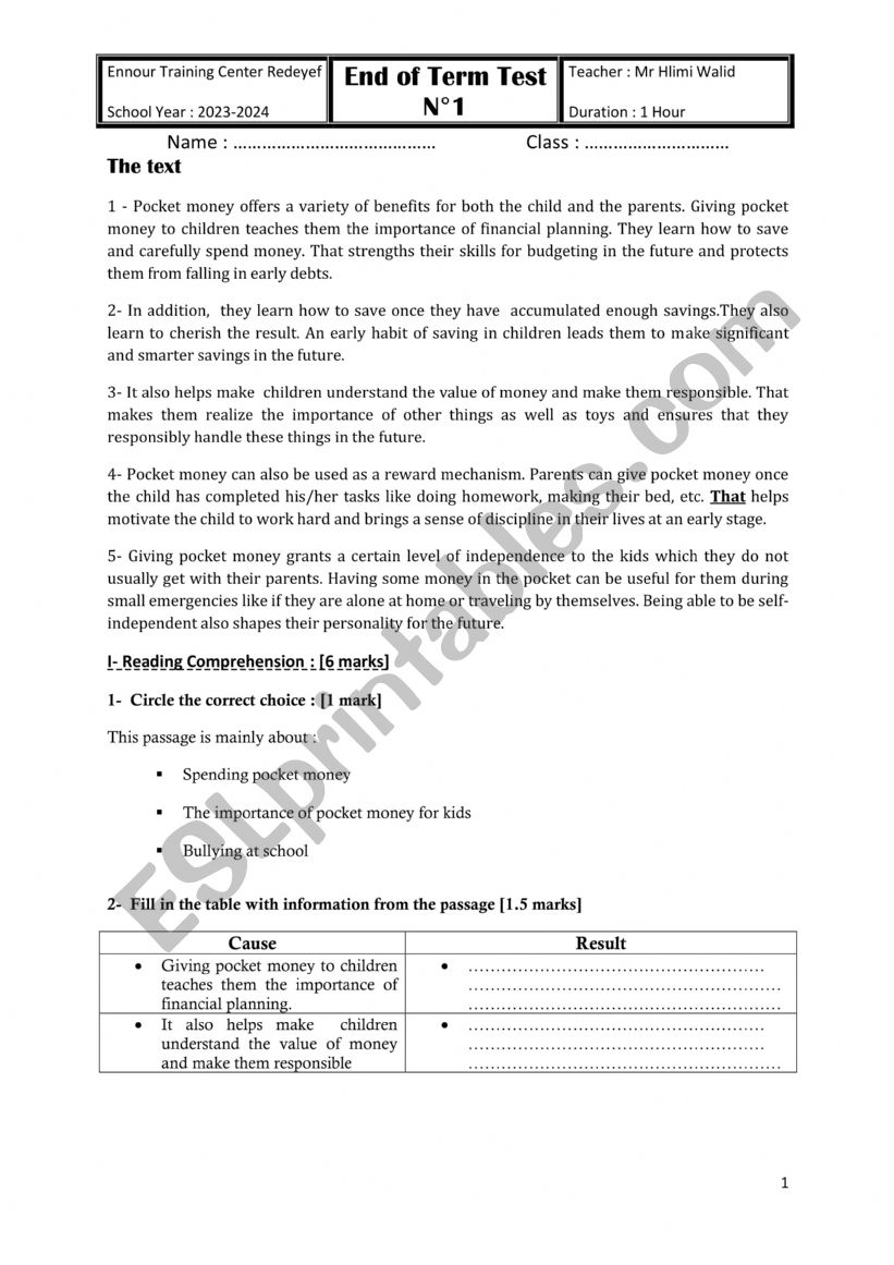 End of Term Test 1 9th From  worksheet