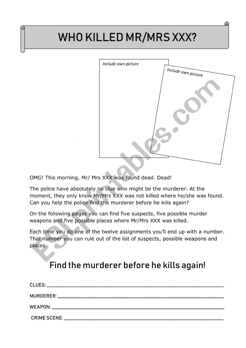 WHO KILLED MR/MRS XXX? ESL worksheet by Aleynaaah
