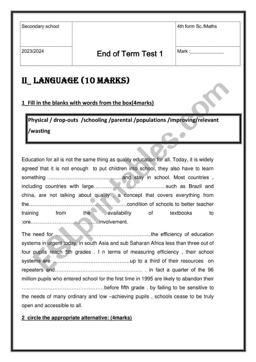 End of Term Test 1 4th form part 2 language