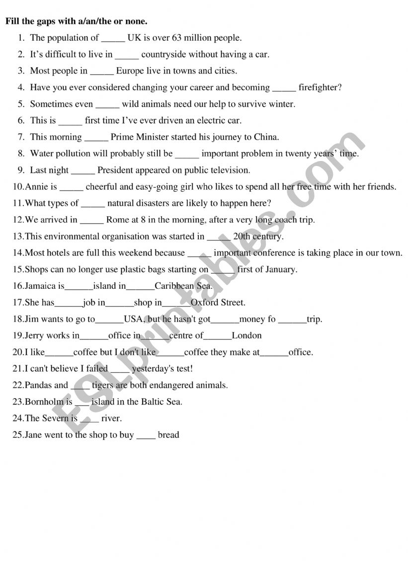 Articles- theory worksheet