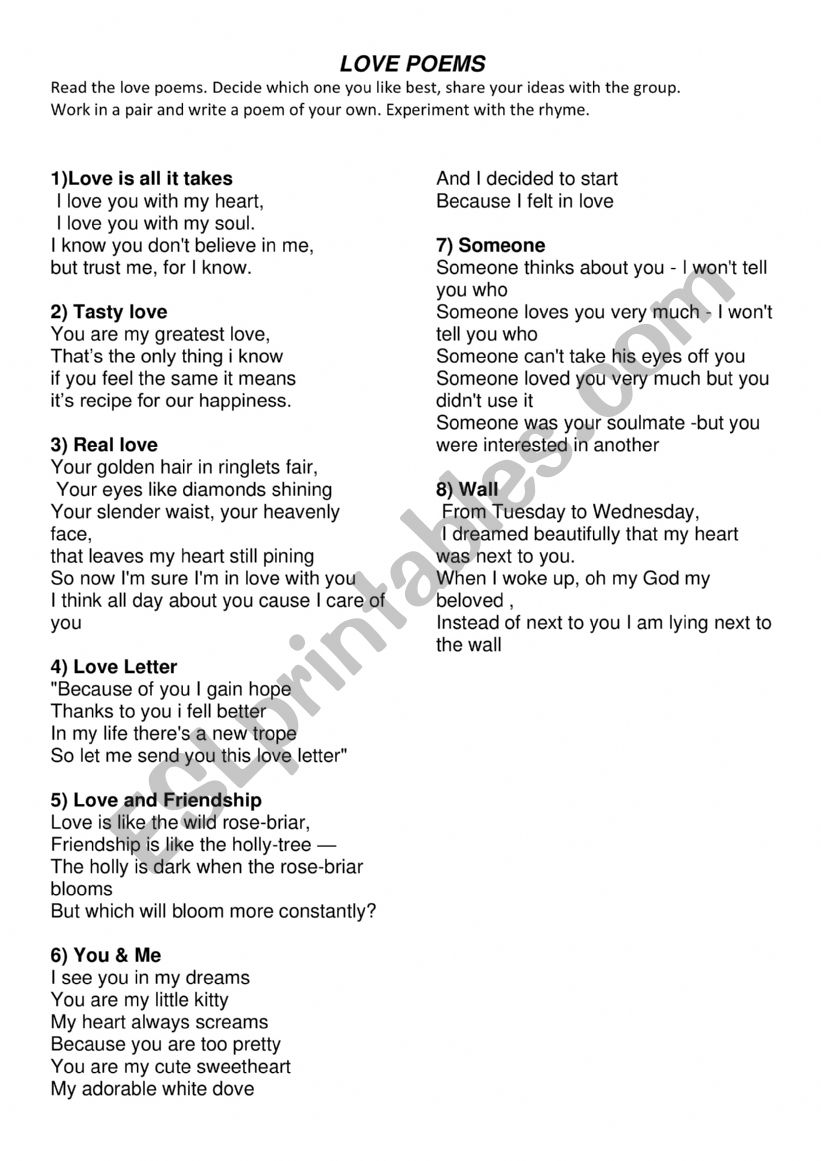 Love poem lesson worksheet
