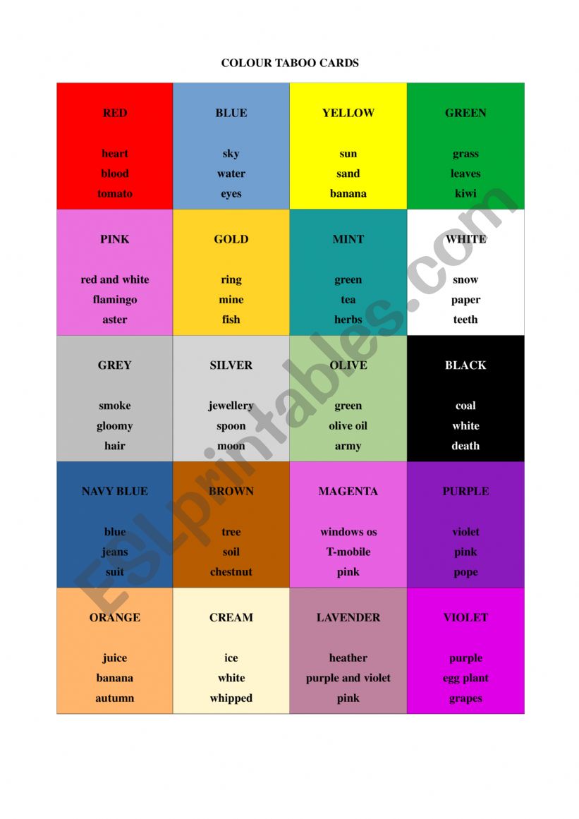 Colours Taboo worksheet
