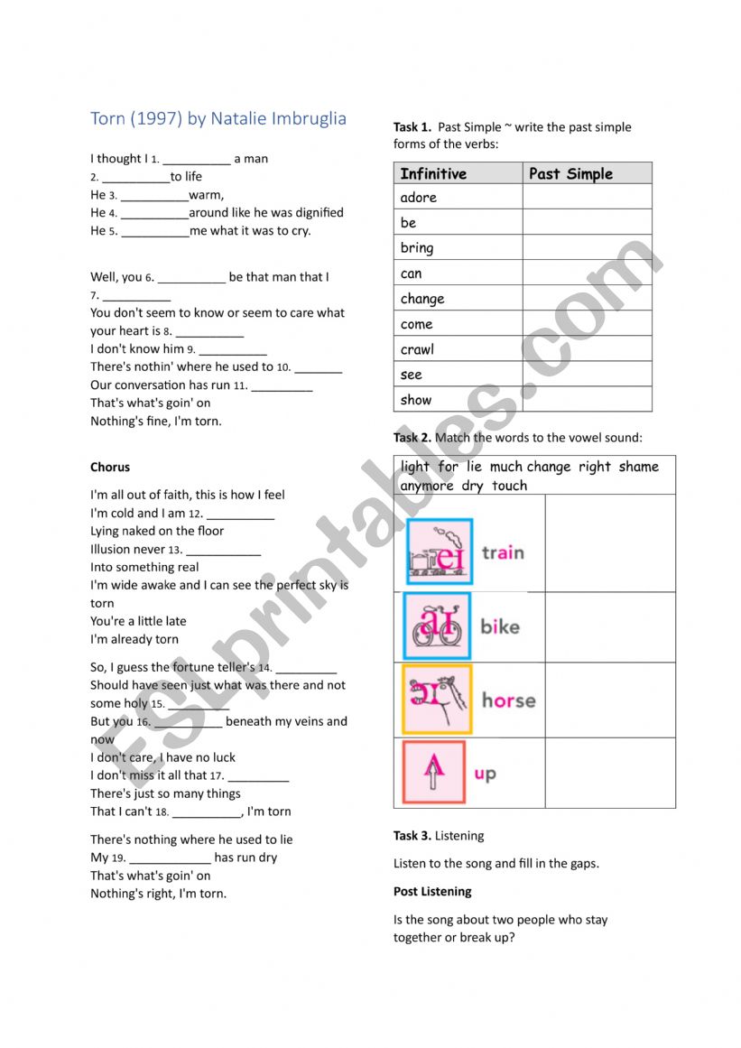 Torn by Natalie Imbrglia worksheet