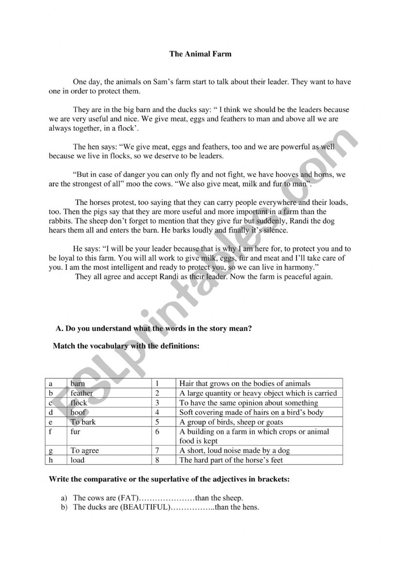 Story with animals worksheet