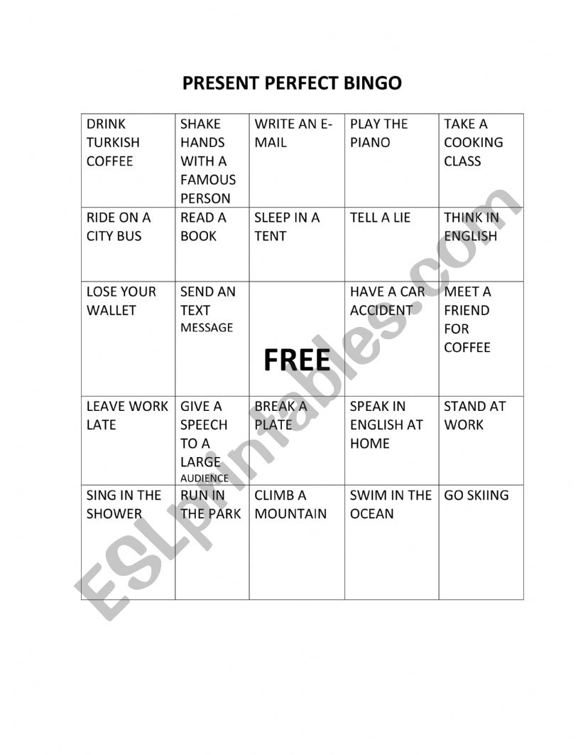present perfect bingo worksheet
