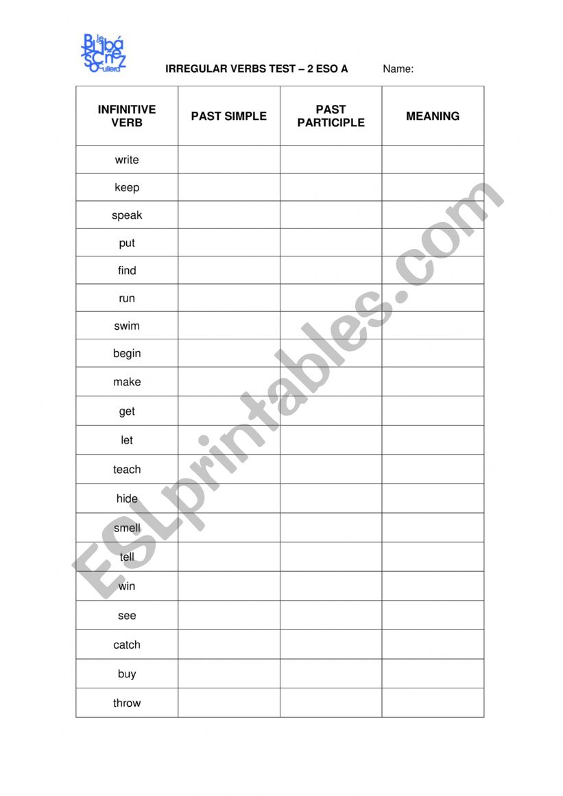 Irregular verbs test worksheet