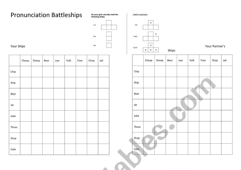 Minimal Pairs Battleships worksheet