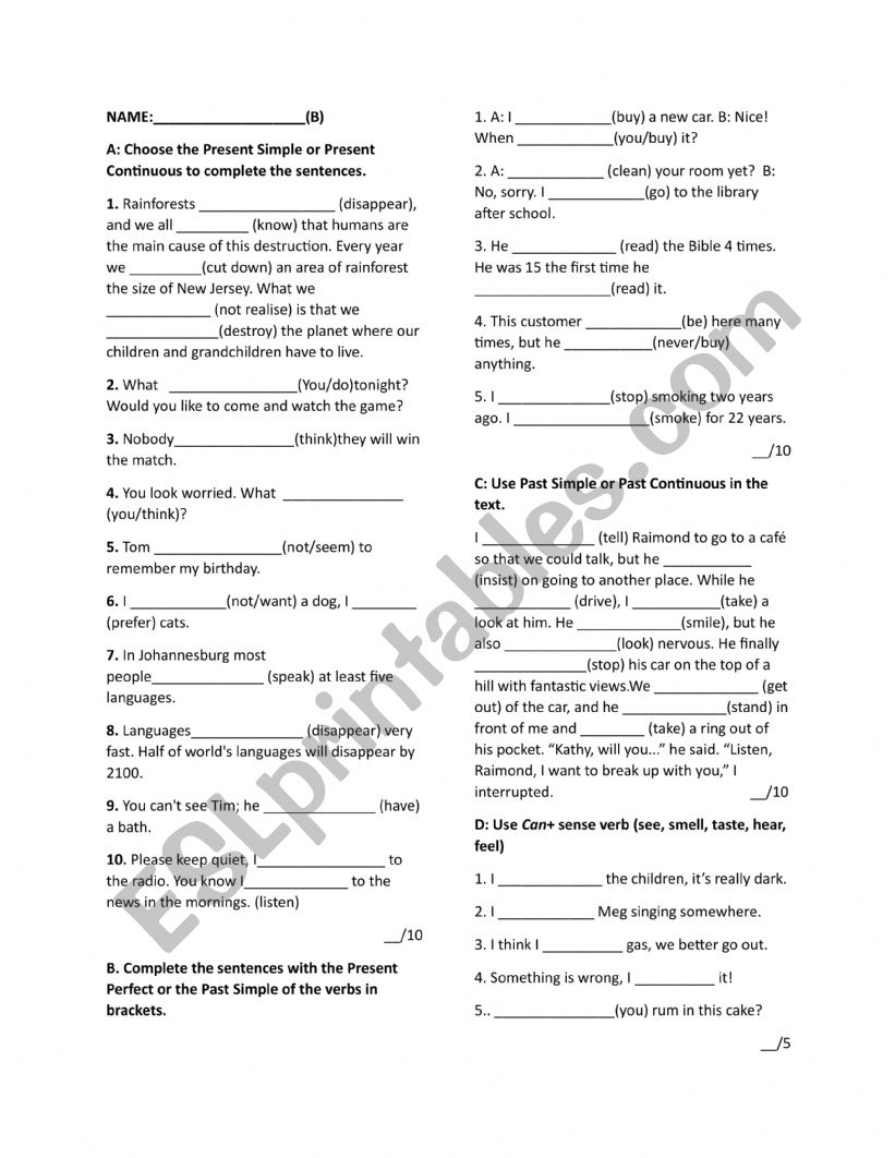 tenses worksheet