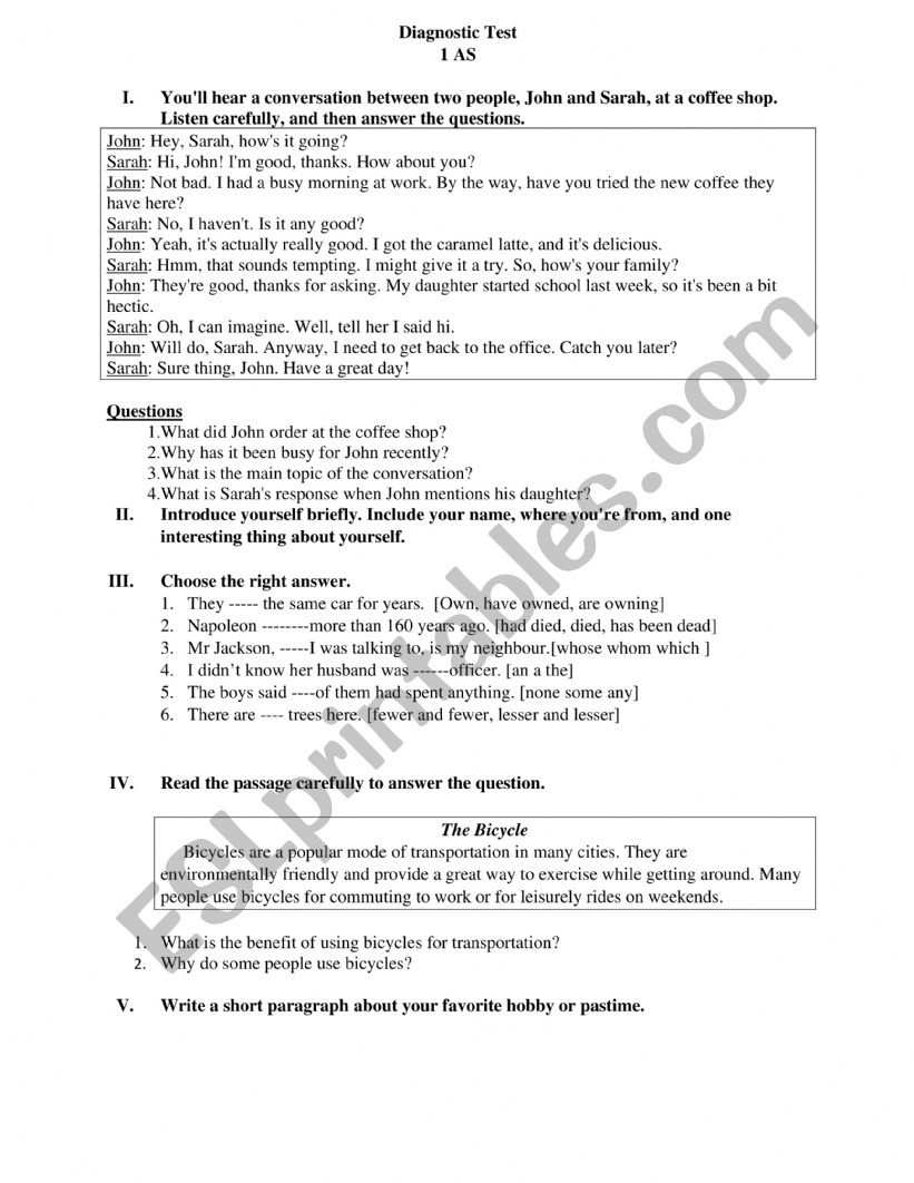 Diagnostic Test 1AS worksheet