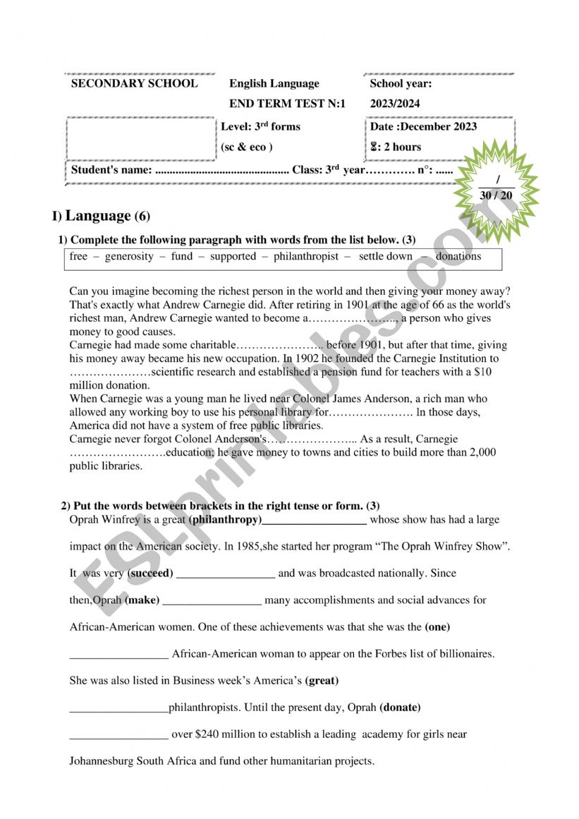 third form end term test n1 worksheet