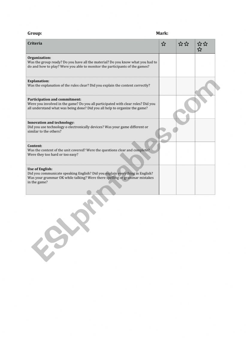 Evaluation Criteria - Games worksheet