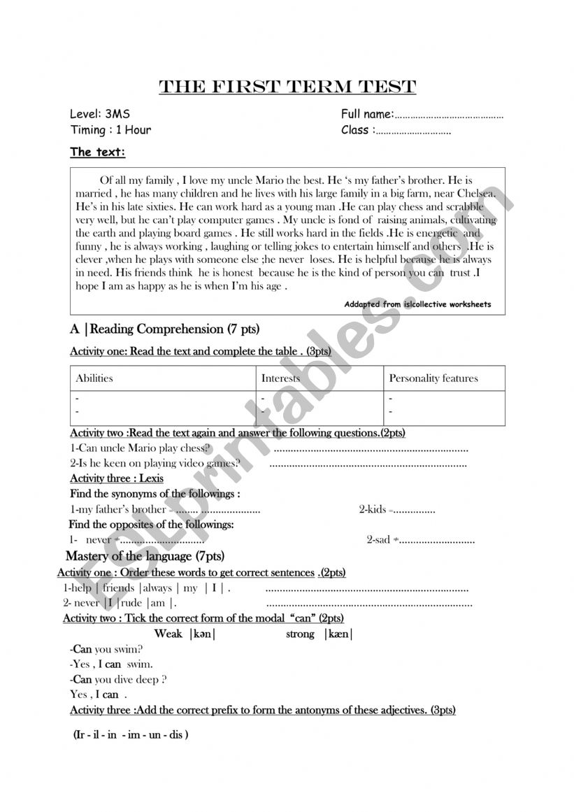 The first term test worksheet