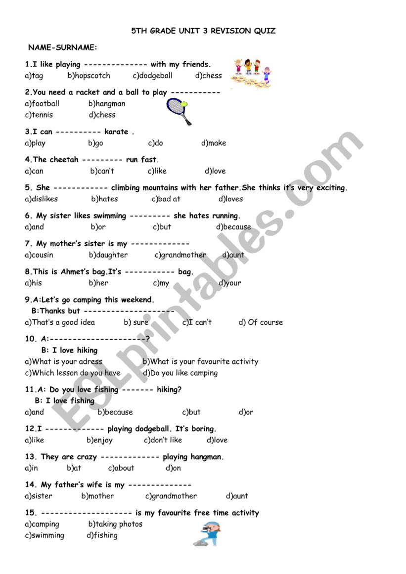 5th grade exam worksheet