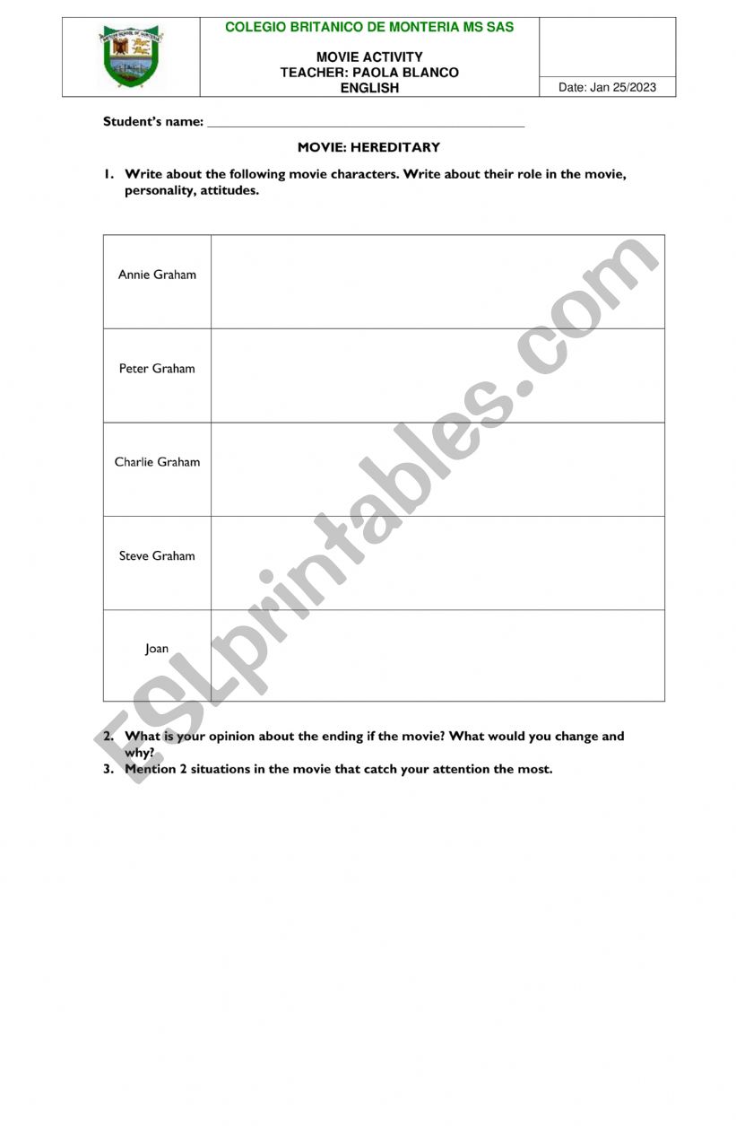 Movie Activity - Hereditary worksheet