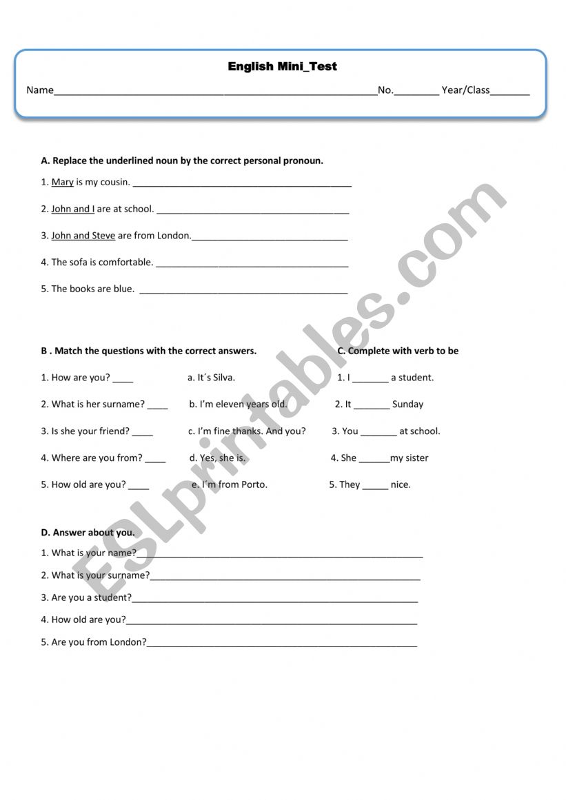 Elementary test worksheet