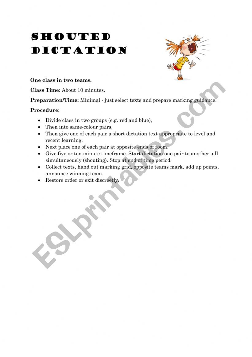 Shouted dictation - game worksheet