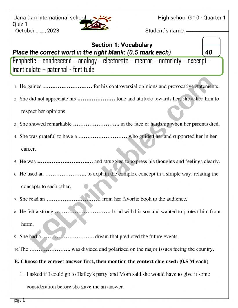 formative assessment worksheet