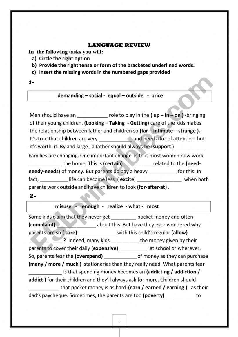 9th form language tasks worksheet