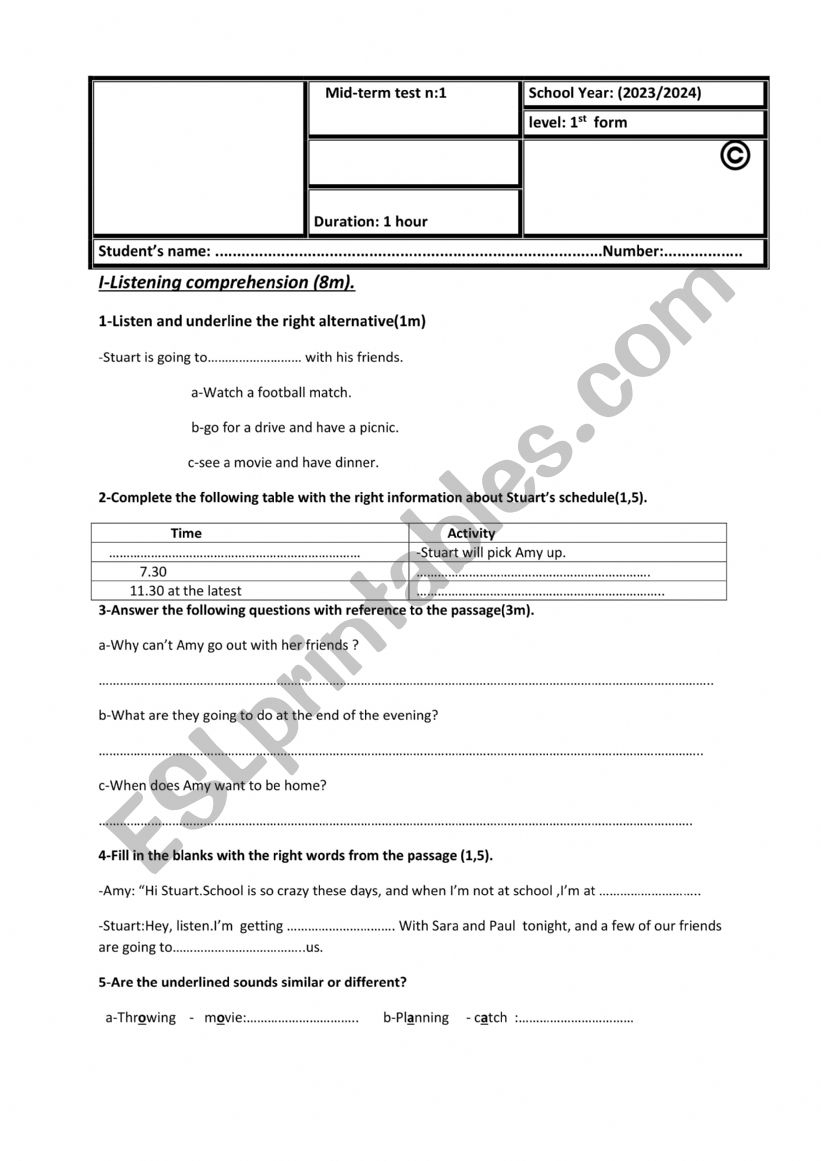 Mid-term test n:1 worksheet