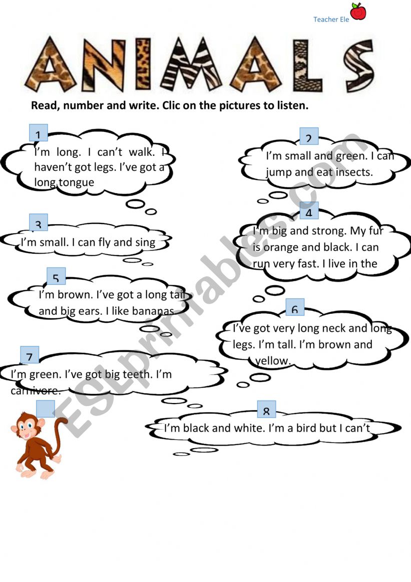 Short texts about animals worksheet