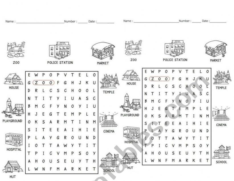 WORDSEARCH PLACES IN TOWN  worksheet