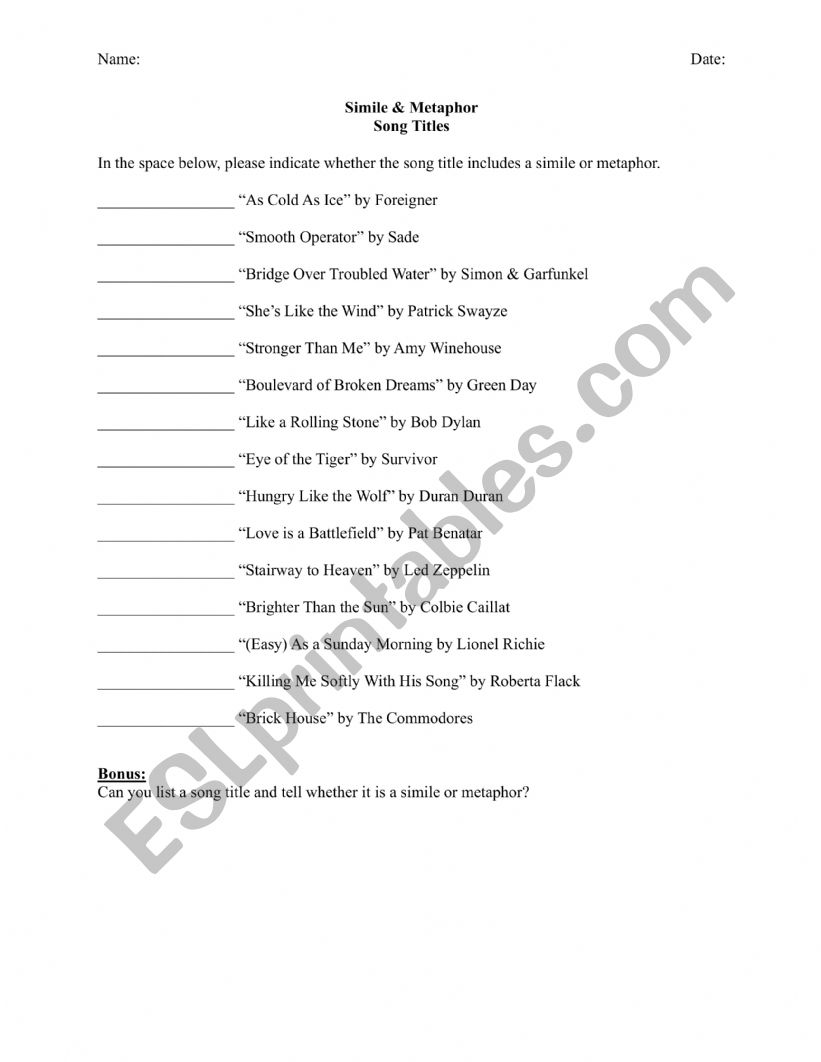 Simile & Metaphor--Popular Song Titles 
