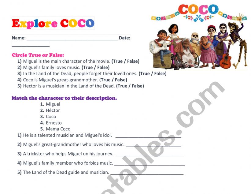 Explore: COCO The Movie.  worksheet