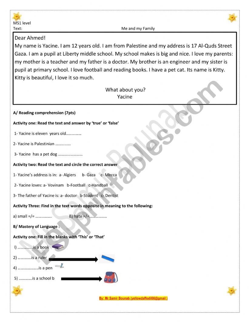 Text :  My family and me  worksheet