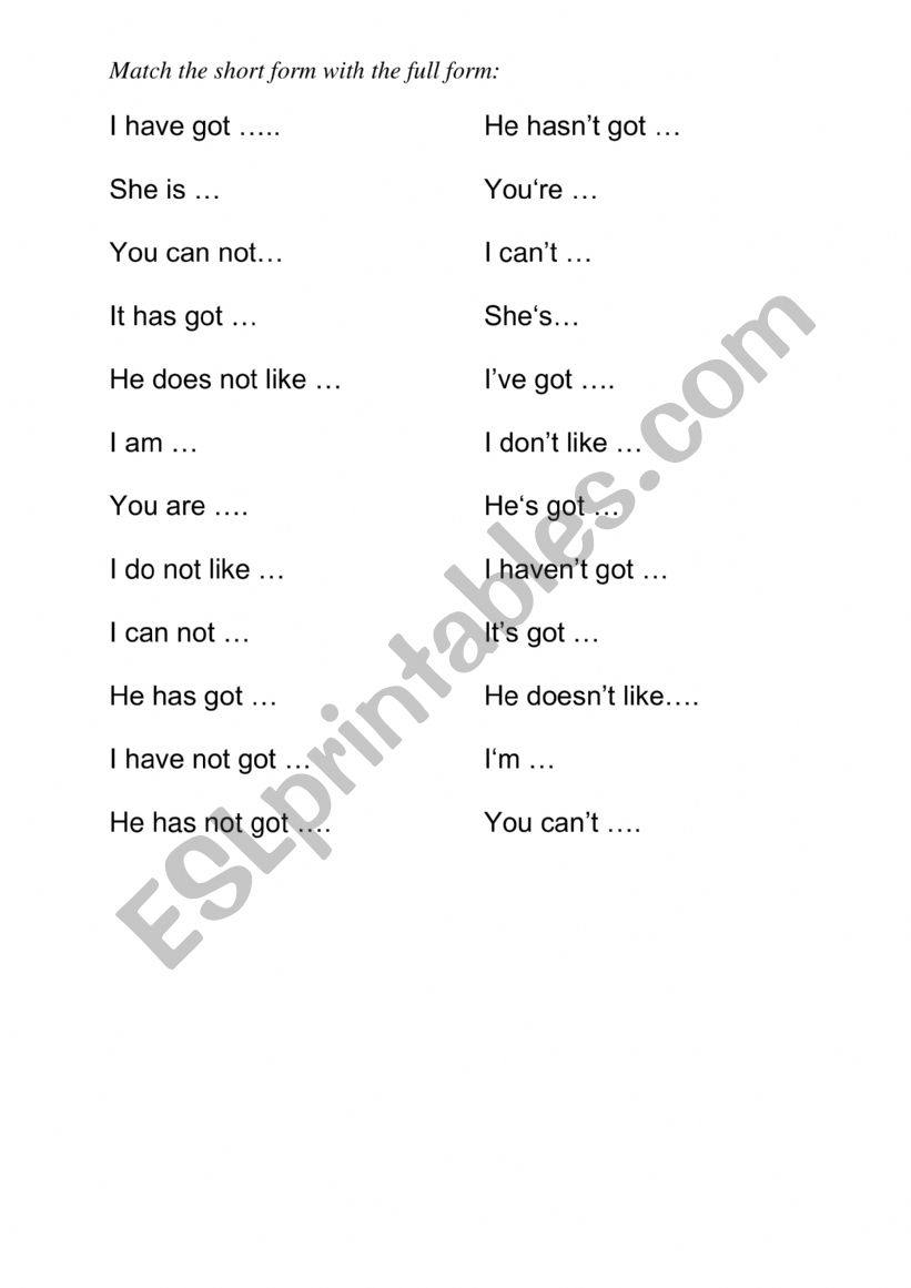 Contractions matching worksheet