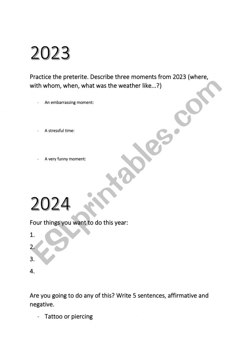 New Year�s Resolutions worksheet