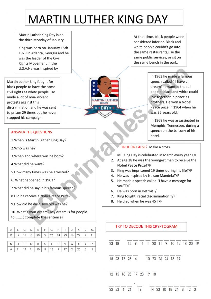 Martin Luther King�s Day worksheet