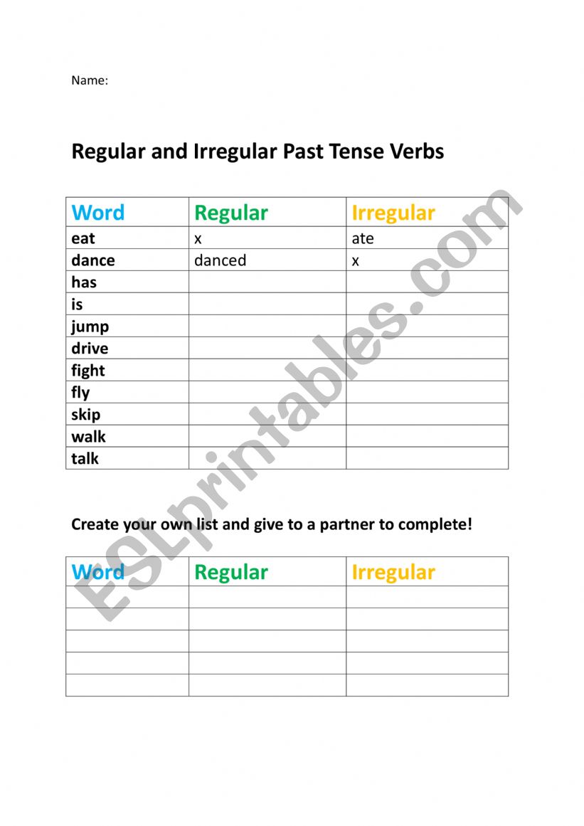 Irregular and Regular Past Test Verbs