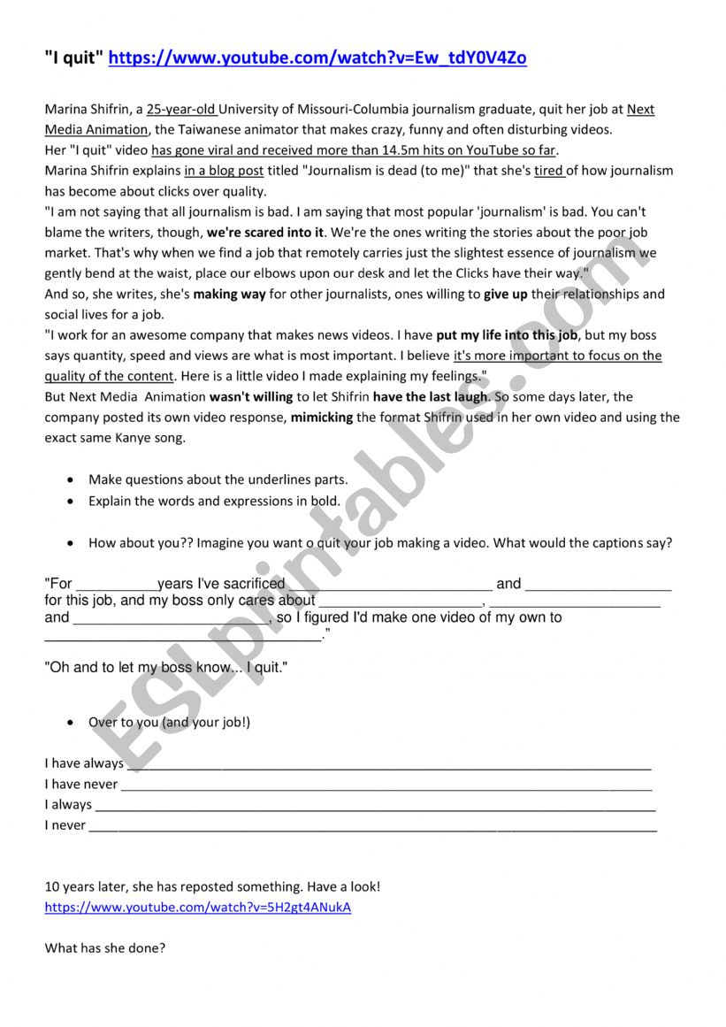 I Quit - video + article activities - ESL worksheet by nsderman