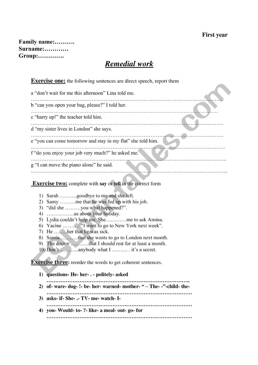 Reported speech remedial work worksheet