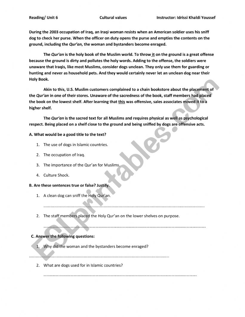 cultural values reading worksheet