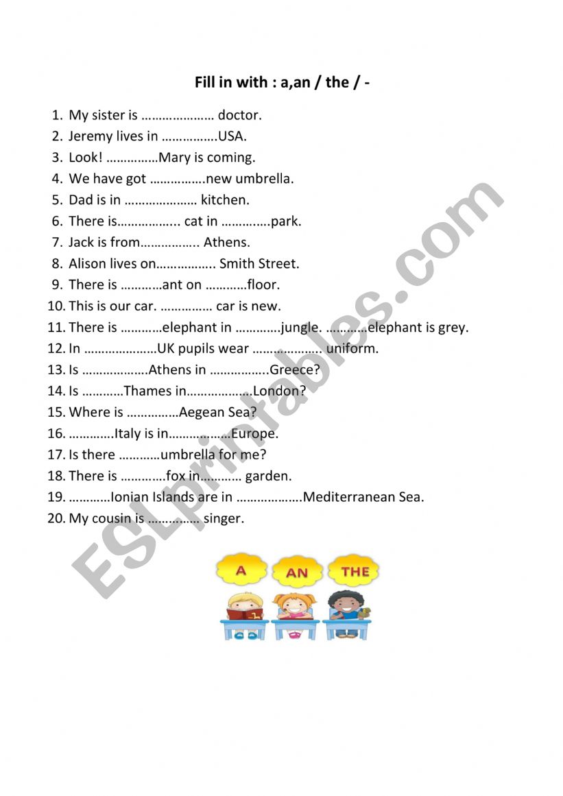 Articles, grammar worksheet