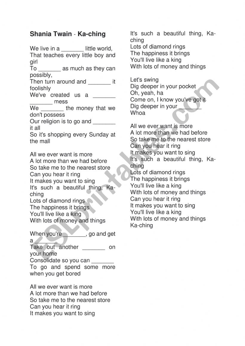 Shania Train - Ka-Ching  worksheet