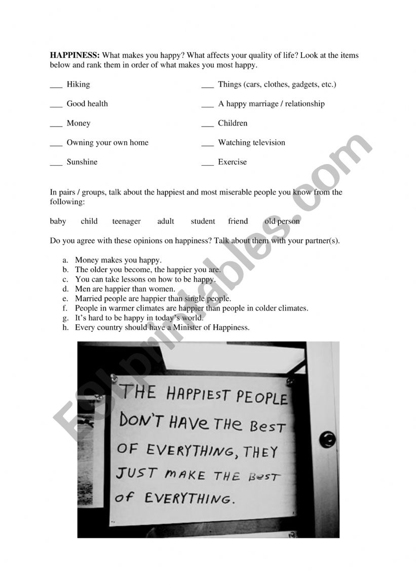 Speaking about Happiness worksheet