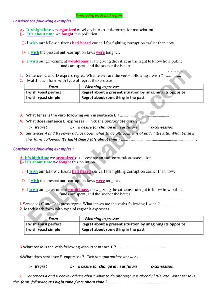 exprssing wishes worksheet