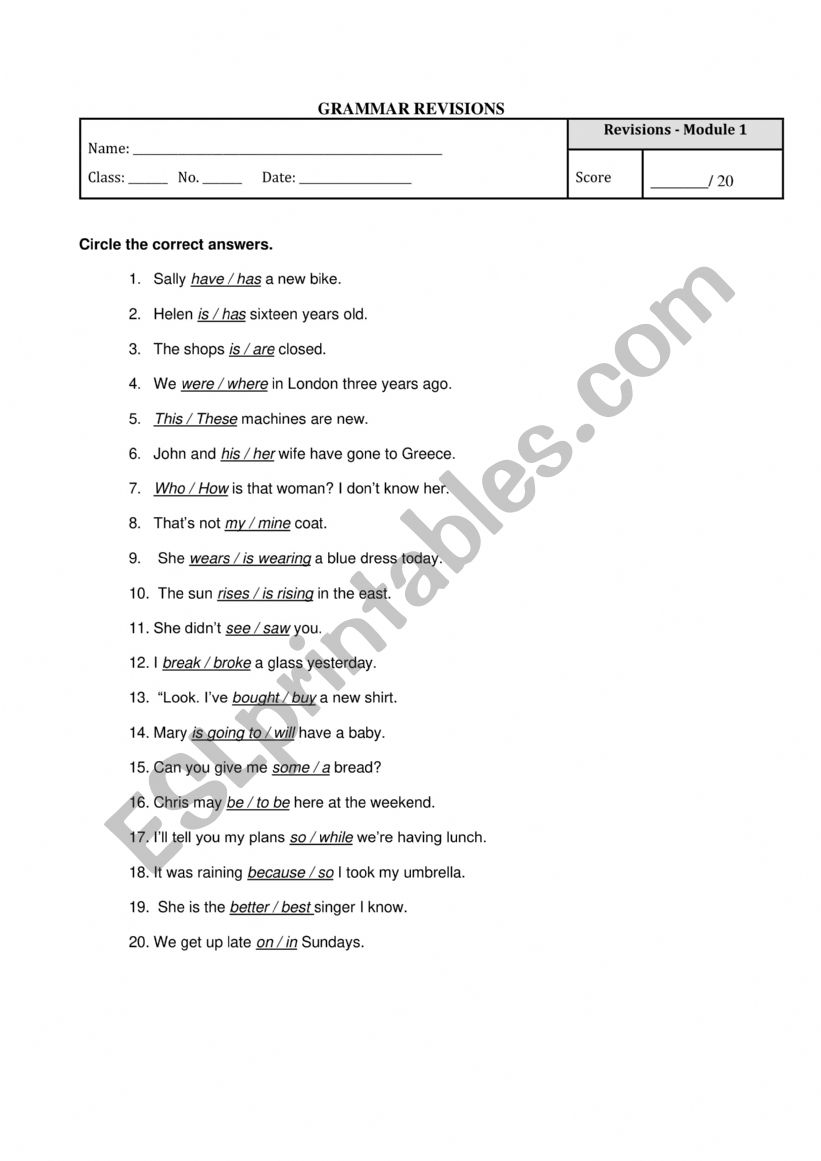 Grammar revisions worksheet