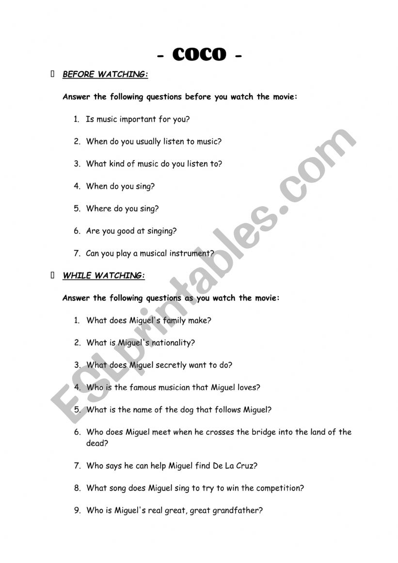 Coco worksheet worksheet