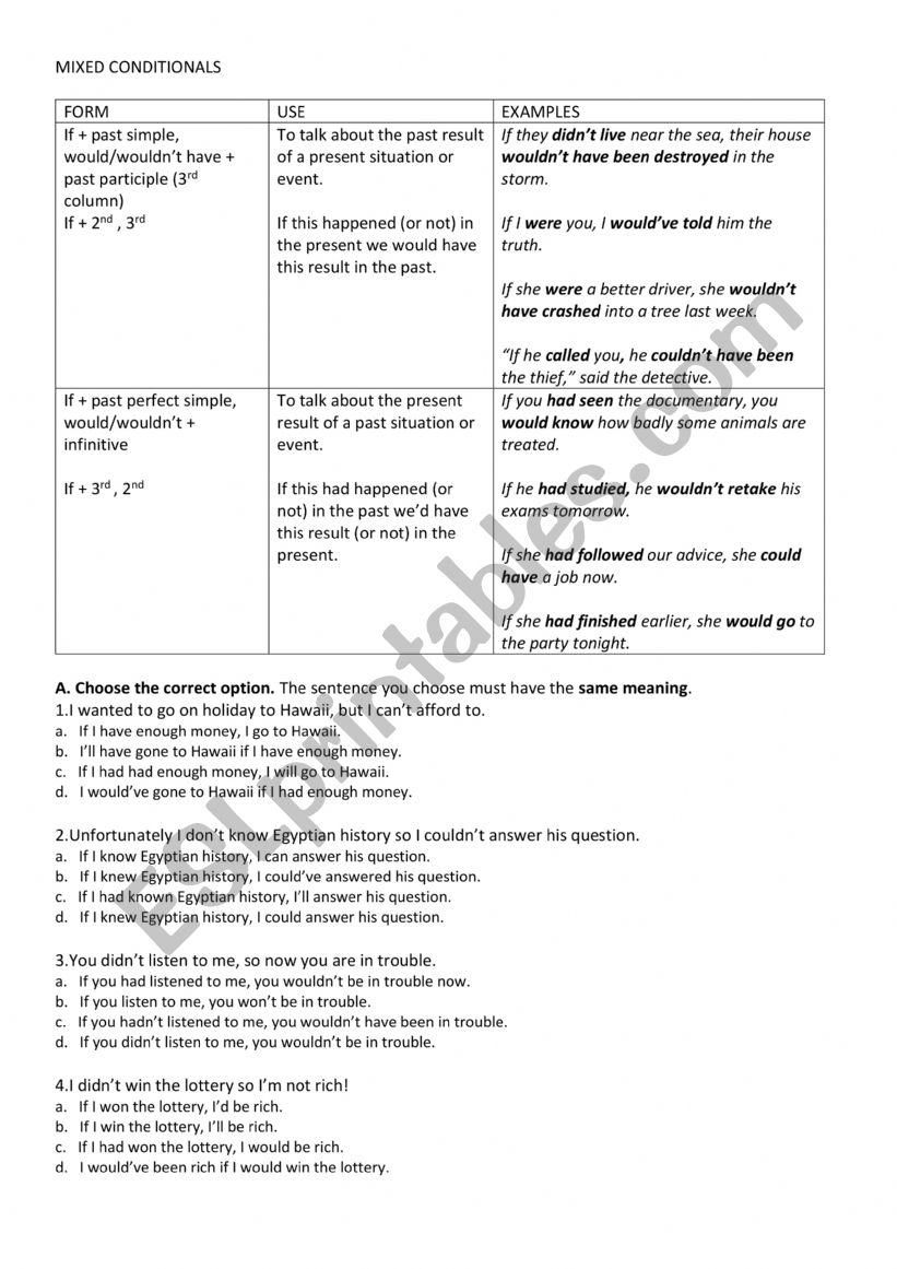 MIXED CONDTIONALS worksheet