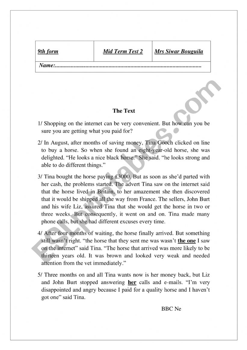 End of term test2 worksheet