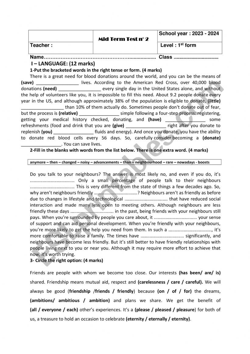 first form mid term test 2 worksheet